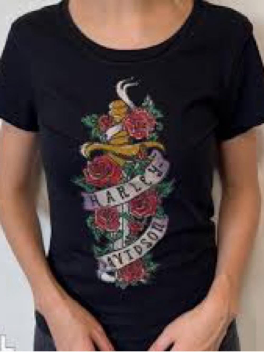 Harley-Davidson Black Tee with Rose and Dagger Graphic